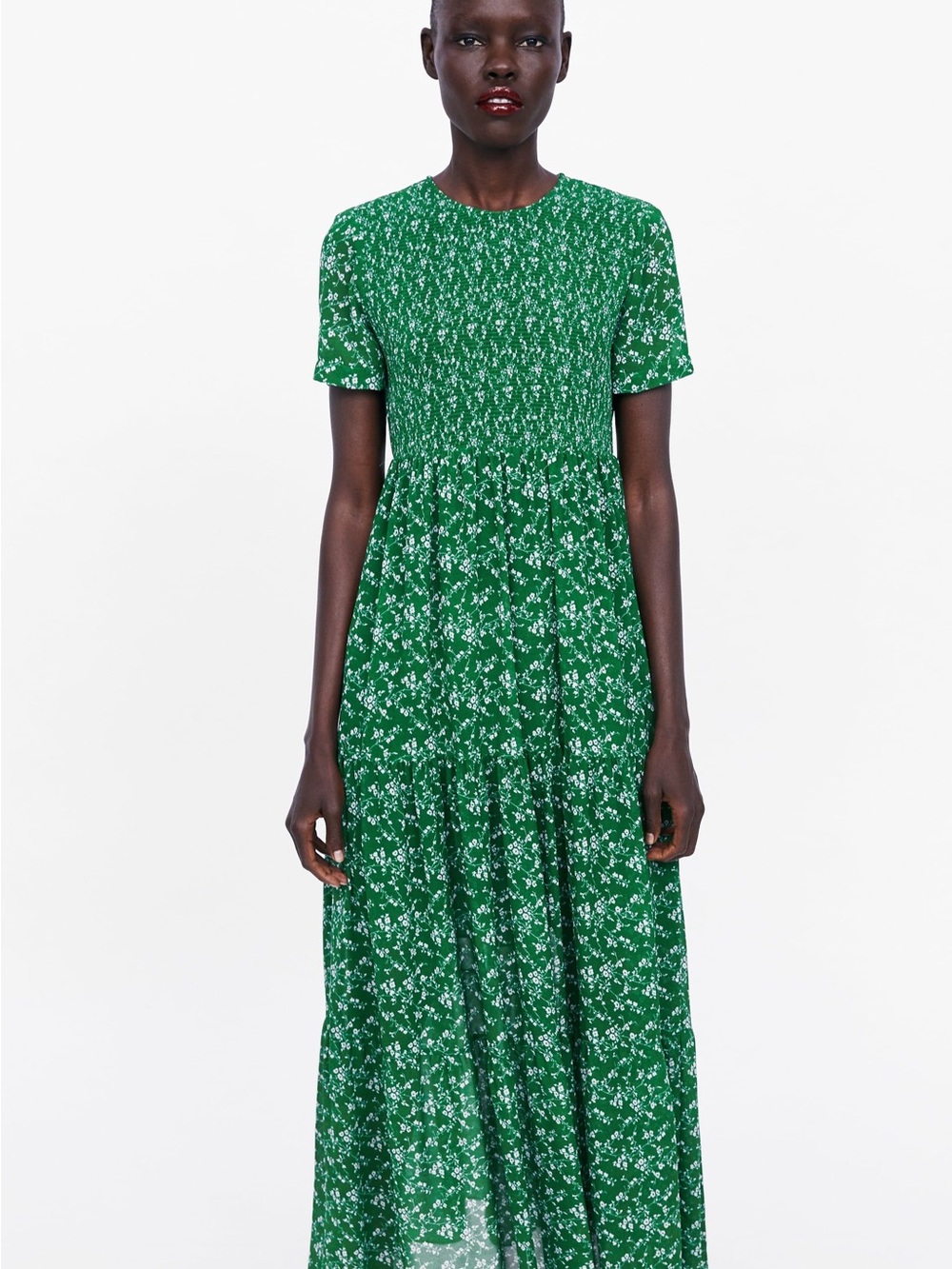 Zara green floral printed smocked ruched Maxi dress Small